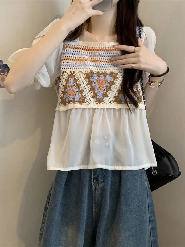 Korean Version Design With Hook Flower Hollowed Out Knitted Women's Summer 2024 New Patchwork Chiffon Short Sleeved Top FT6O