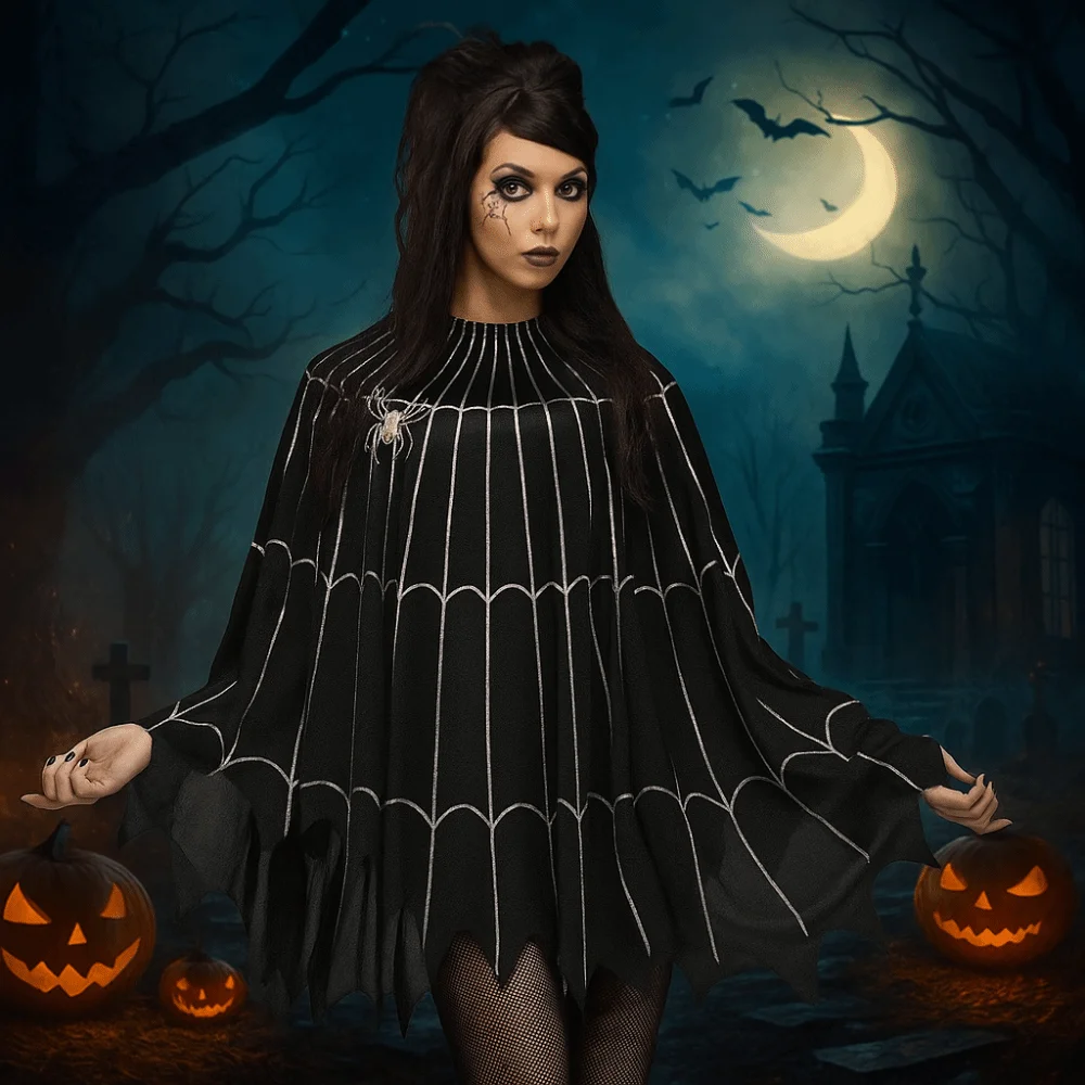 

Одежда Опора Хэллоуин Косплей Накидка Веселая Взаимодействие Свободный Плащ с Призраком с Капюшоном Тыква Паук Сетка Ведьма Косплей Плащ Для Взрослых