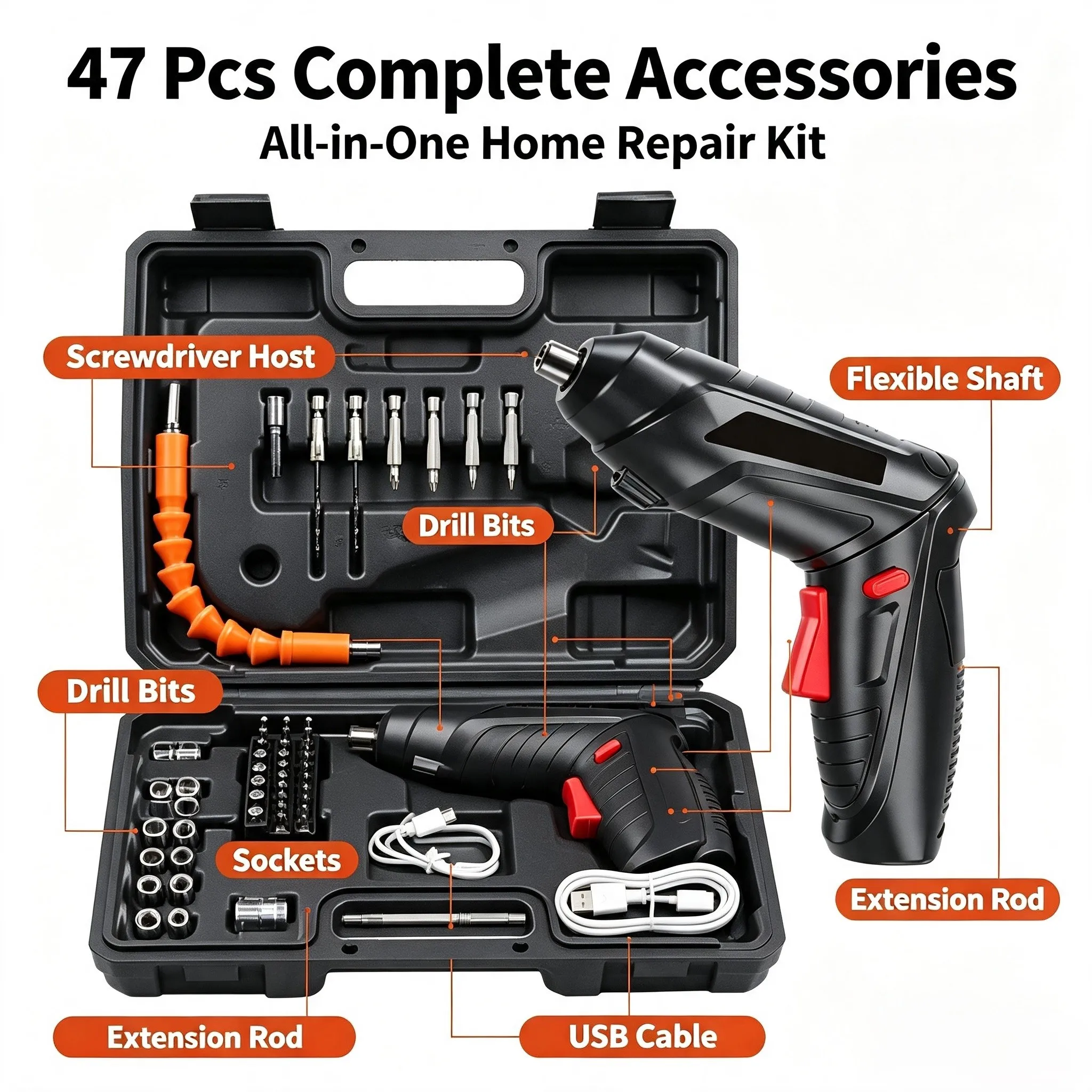 Rechargeable Cordless Electric Screwdriver Kit Flexible Shaft Power Screwdriver Set with Storage Box for Home DIY Repair