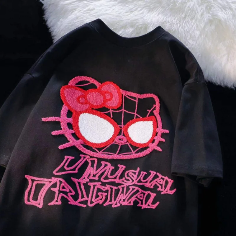 

Футболка с коротким рукавом Hello Kitty из аниме Sanrio, Повседневная Свободная футболка с коротким рукавом в стиле хип-хоп, милые топы для пар, одежда