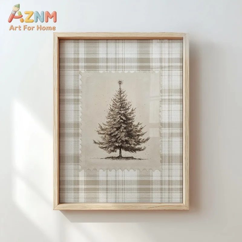 Vintage Stamp Christmas Tree Canvas Wall Art Beige Farmhouse Xmas Art Rustic Winter Home Wall Print Unframed Canvas Poster