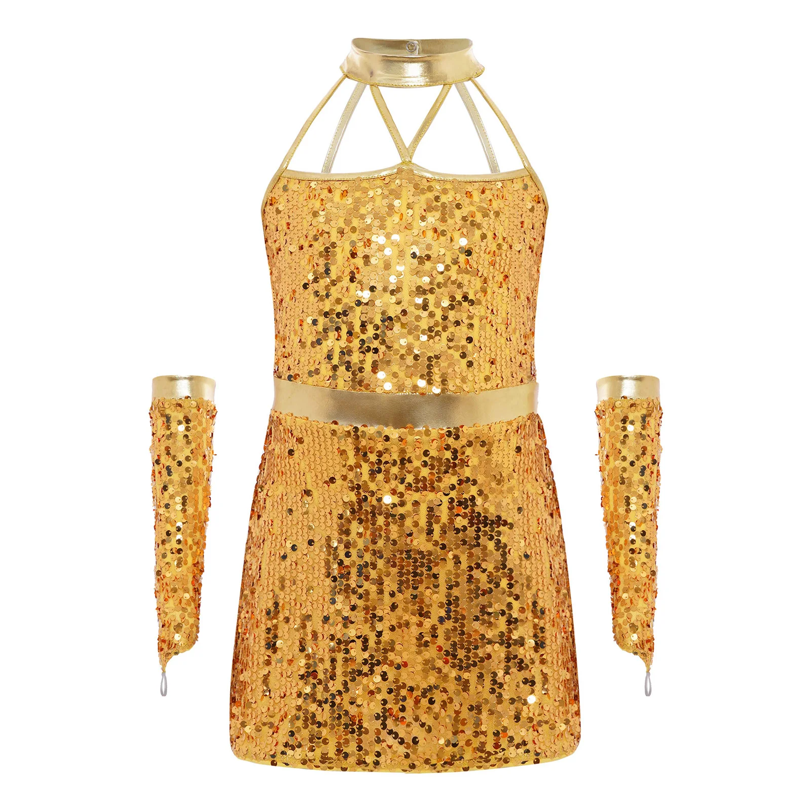 Kids Girls Hip Hop Jazz Dance Cheerleading Performance Costume Halter Sleeveless Zipper Sequins Dress Built in Shorts Dancewear