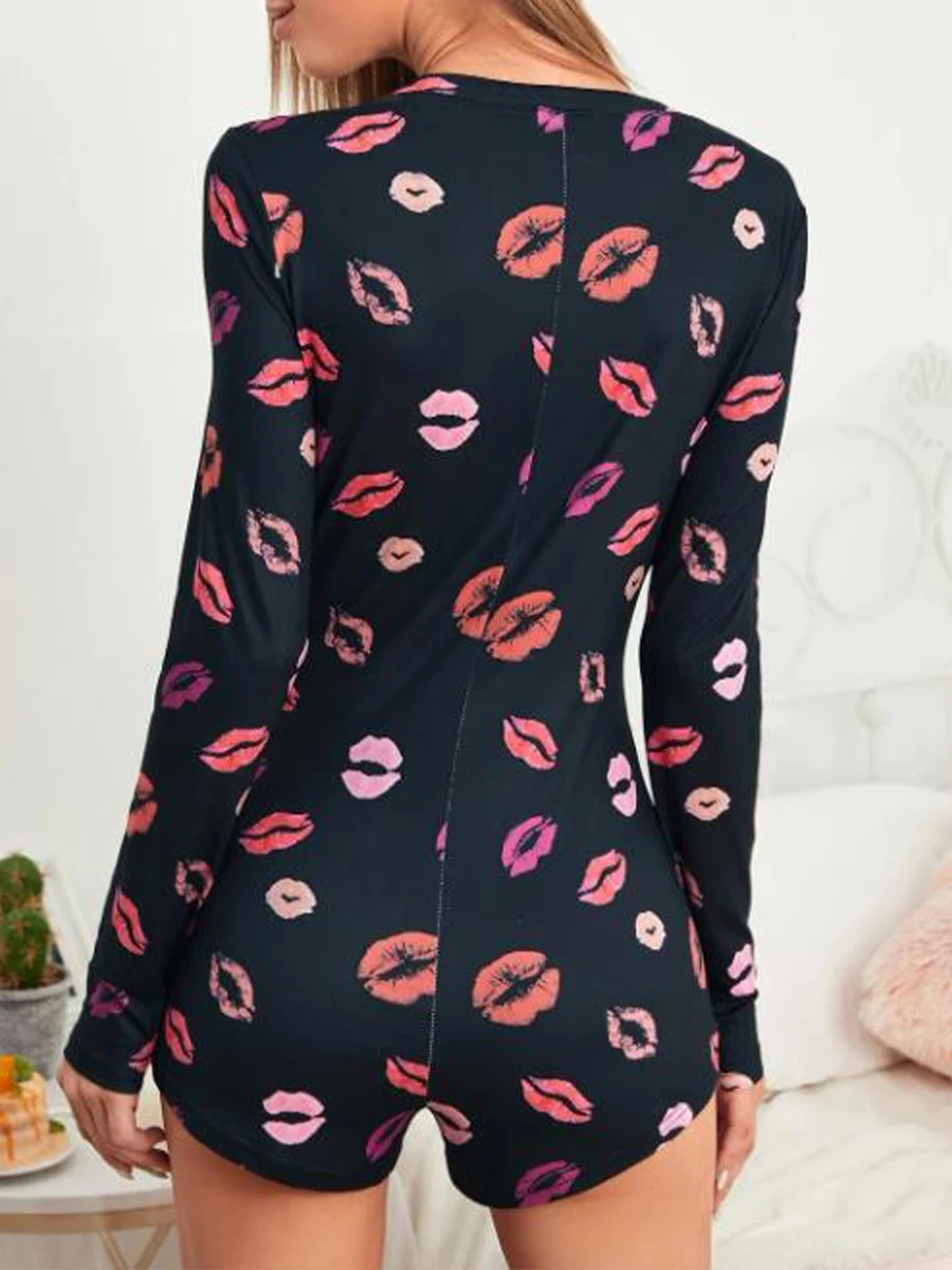 

Women Sexy Pajamas Romper Valentine s Day Deep V Neck Button Down Bodycon Bodysuit Y2k Heart Print Sleepwear