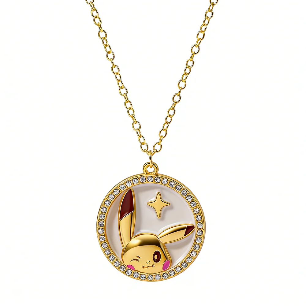 Cute Pikachu Round Pendant Necklace, Anime Pokemon Crystal Rhinestone Border Gold Chain Necklaces, Kawaii Cartoon Jewelry Gift