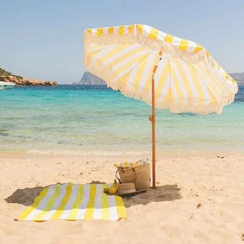 2M Yellow Striped Sun Umbrella with Tassels Outdoor Shade for Beach Camping Garden Sun Protection
