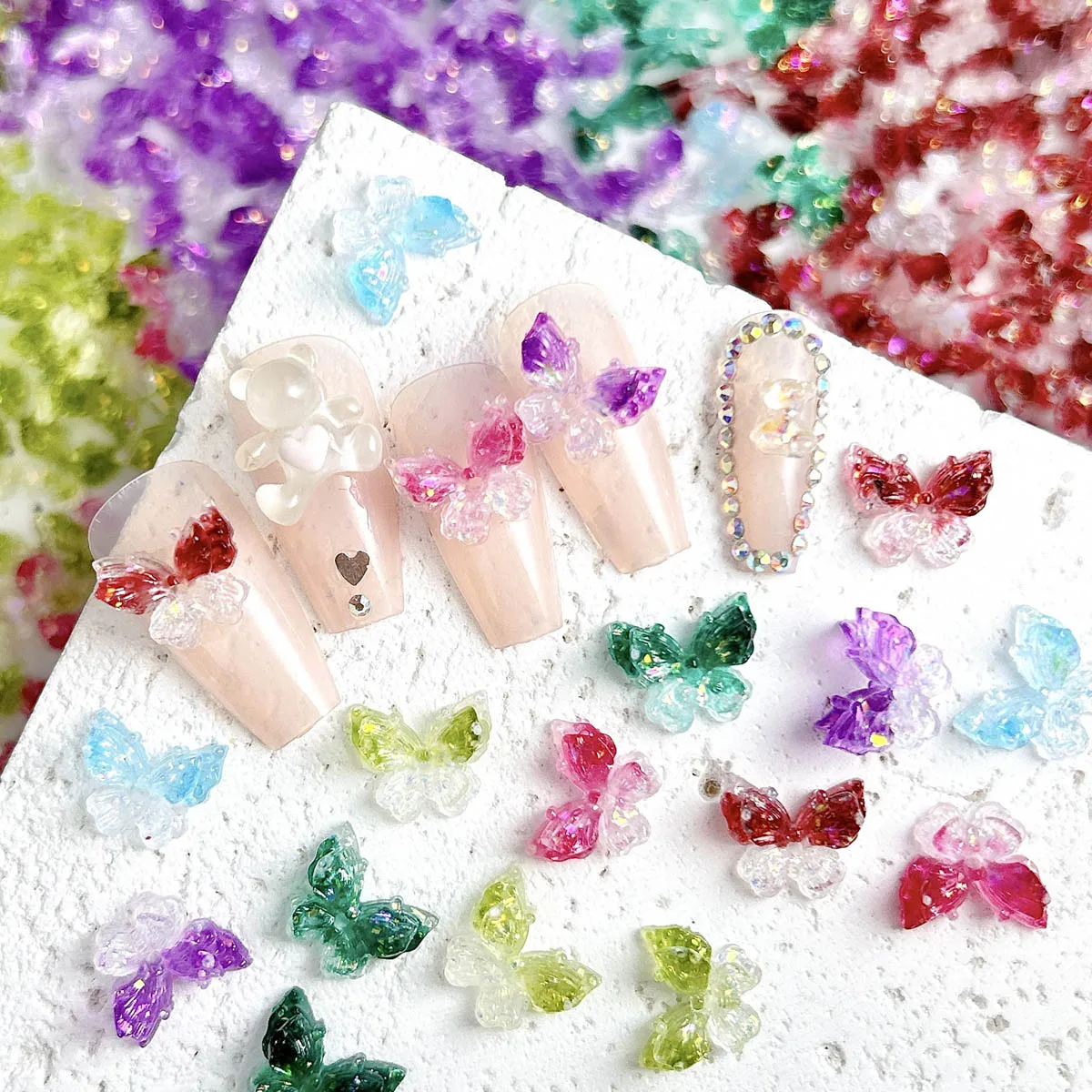 30PCS Transluzente Verträumte Harz Schmetterling Nagel Charms 3D Doppel-schicht Leuchtende Bunte Schmetterling Nail art Dekorationen DIY Nägel