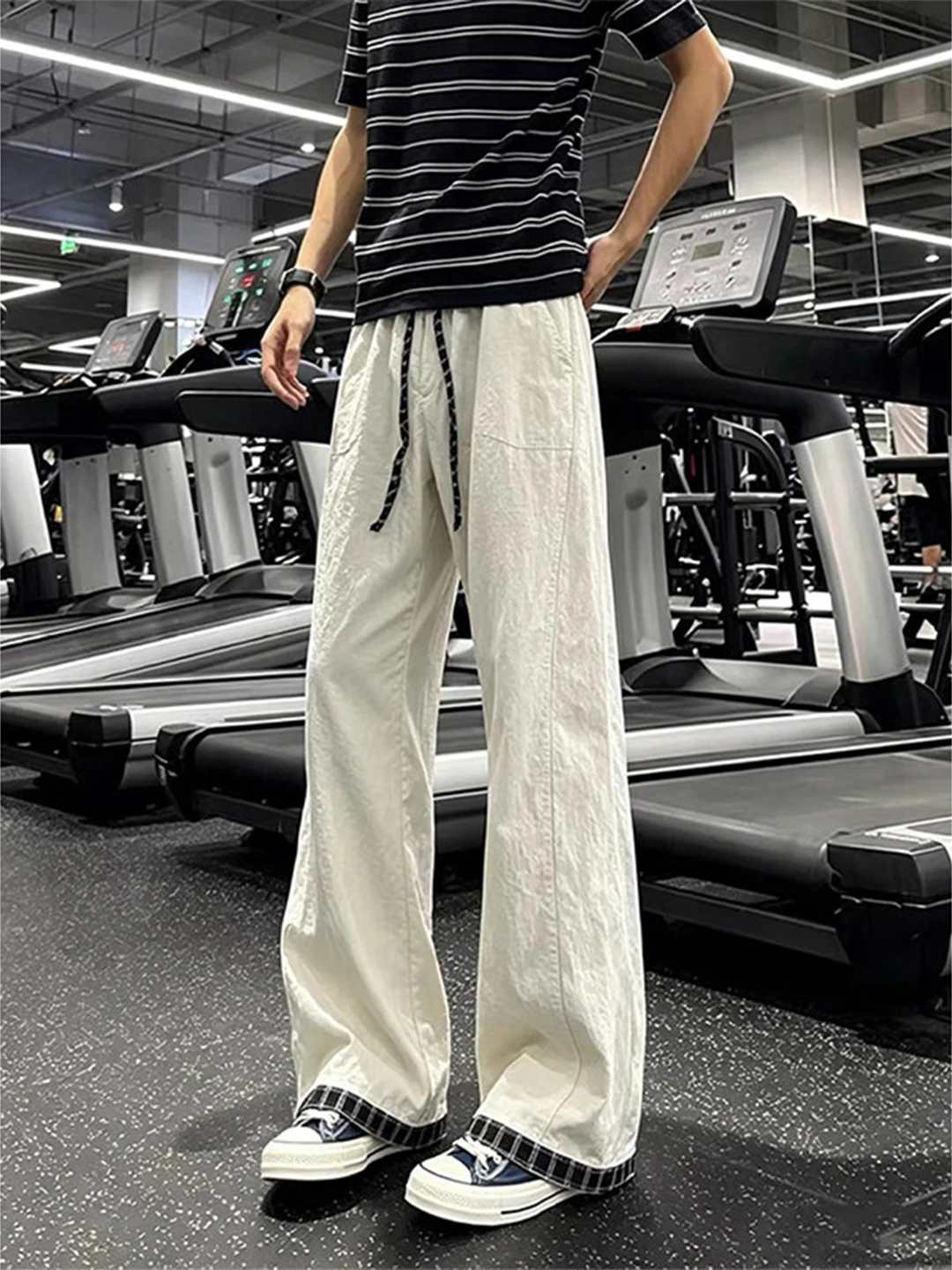 White Cool Feeling Quick Dry Ice Silk Men's Summer Thin Plaid Splicing Casual Pants Drape Loose Sports Straight Leg Pants