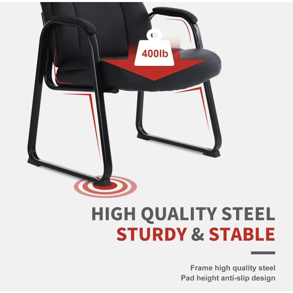 Grande e Alta Cadeira De Escritório, Cadeira De Recepção De Couro, Bonded Braço Acolchoado, Wide Seat Sled Base, Cadeira De Mesa, Sem Rodas, 4 Preto, 400lbs