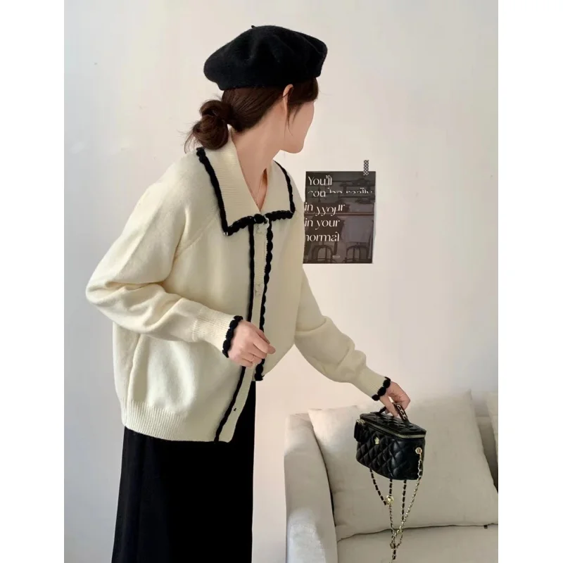 French Style Retro Lace Contrast Color Cardigan Women's Autumn Soft Glutinous Gentle Cute Youth-Looking Coat Sweater Top