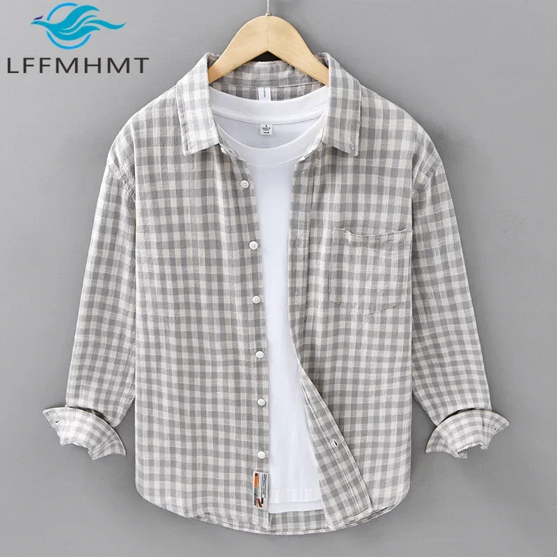 

8801 100% Organic Cotton Plaided Shirt for Men Spring Fall Fashion Long Sleeve Loose Casual Sanding Blouse Classical Cozy Tops