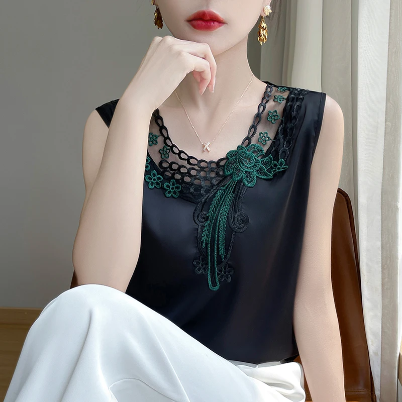 Gilet da donna, fondo con bretelle, top primaverile ed estivo con fondo in seta e girocollo in pizzo, versatile stile ampio in raso di seta senza maniche, fondo alto