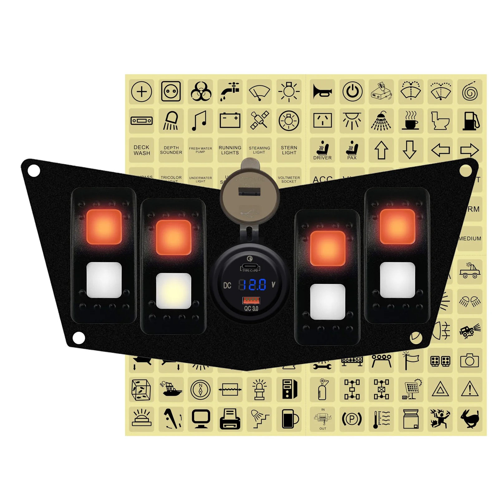 

Панель с 4-клавишным переключателем, вольтметром и двумя USB-зарядными устройствами QC3.0, 12В/24В, для морских судов, автомобилей, UTV, RV, кемперов, Polaris, Can-Am