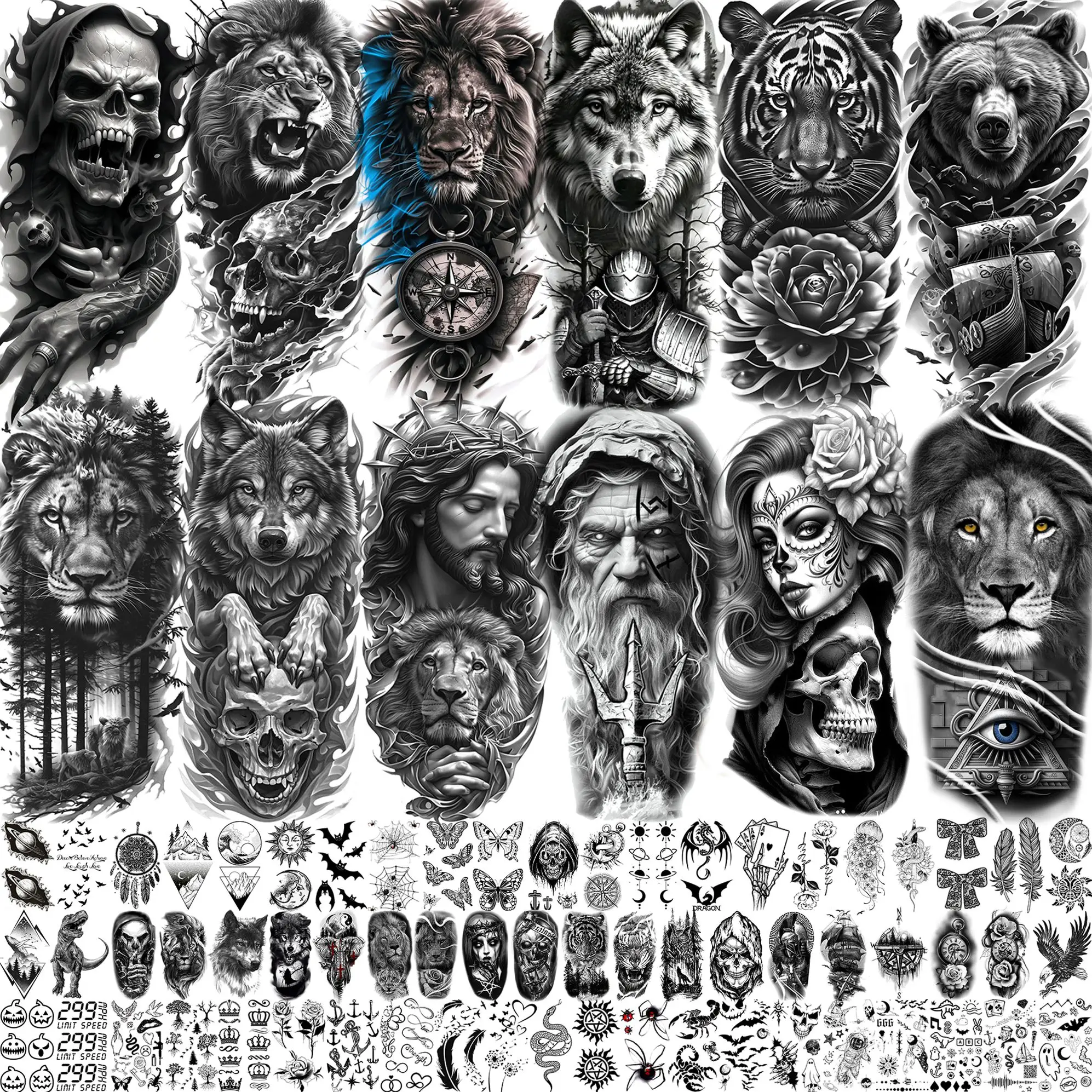 

75 Sheets Lion Tiger Wolf Temporary Tattoos Jesus Zeus Skull Tatoos Bulk Waterproof Realistic Fake Tattoo Stickers Long Lasting