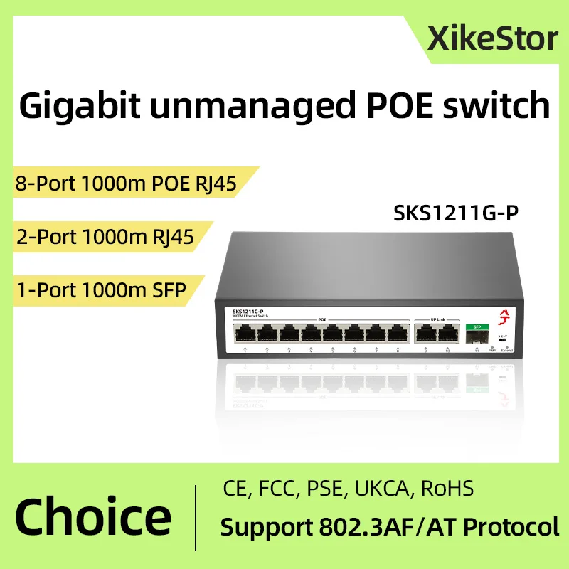 

XikeStor Неуправляемый PoE AI Интеллектуальное обнаружение 1000M 8-портовый POE RJ45 2-портовый RJ45 1-портовый SFP Сеть Plug and Play