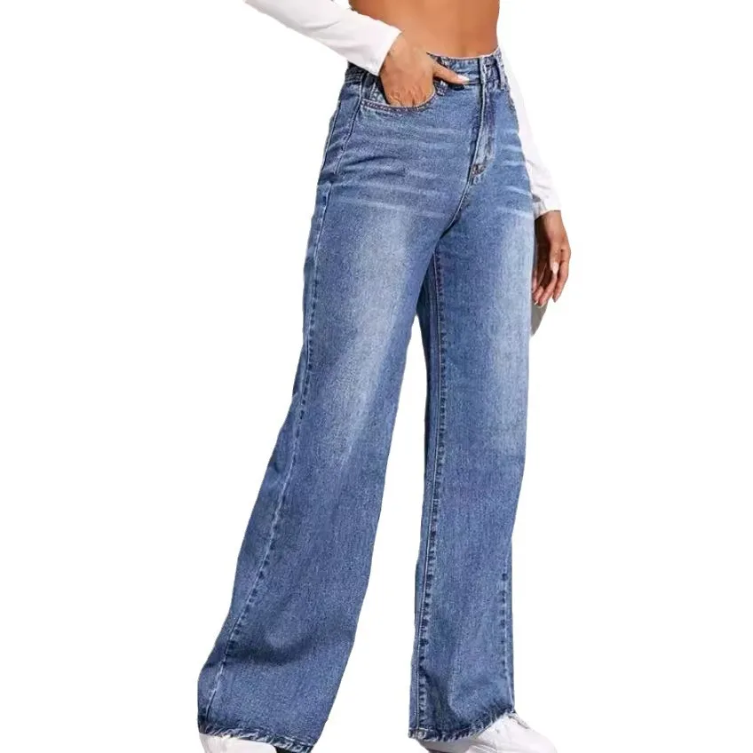 Women High Waist Jean Wide Leg Denim Pants Vintage Ankle Length Jeans Spliced Pockets Washed Zipper Fly Basics Loose Fit