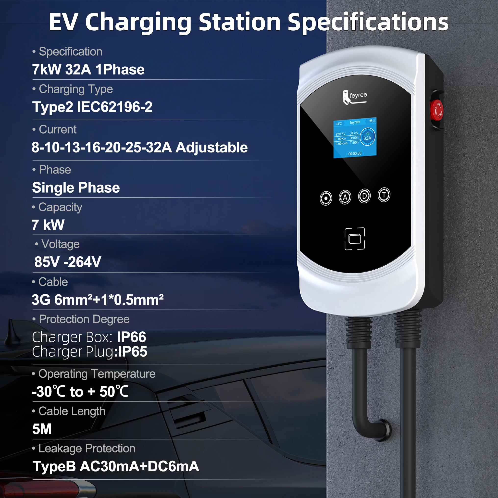 Feyree Typ2 32A 7,6KW 1P Dynamischer Lastausgleich EV-Ladegerät Modell 11KW 22KW 3P EVSE Wallbox Smart WIFI APP-Funktion für Elektrofahrzeuge – Detail 1