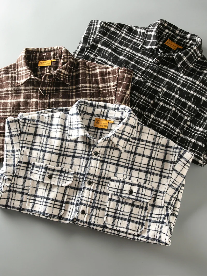 

Retro Japanese Sle Men's Long Sve Woolen Plaid irt Loose Casual Outerwear Classic Collar Warm Autumn Faion Youth