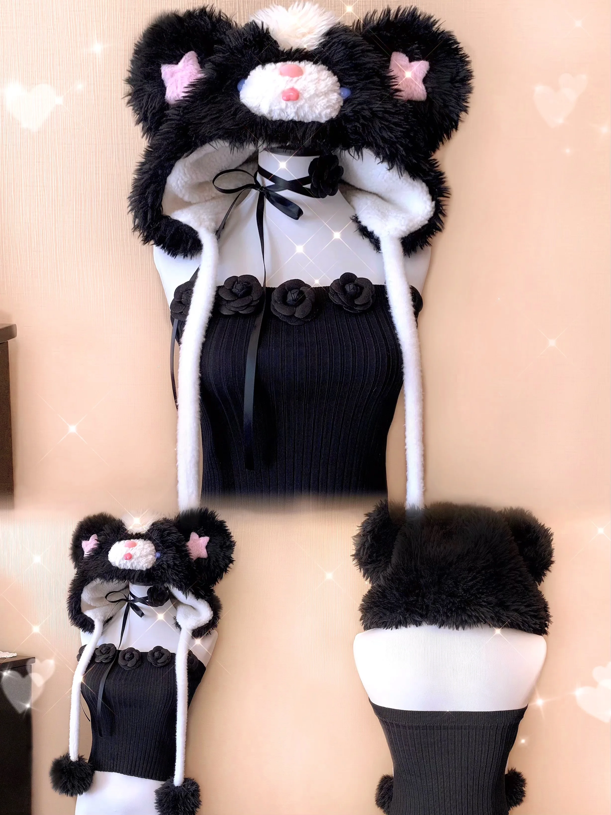 Dophee Original Sweet Girl Gothic Lolita Warm Caps Hamster Ears Windbreak Plush Hats School Students Black Fluffy Beanies Cap