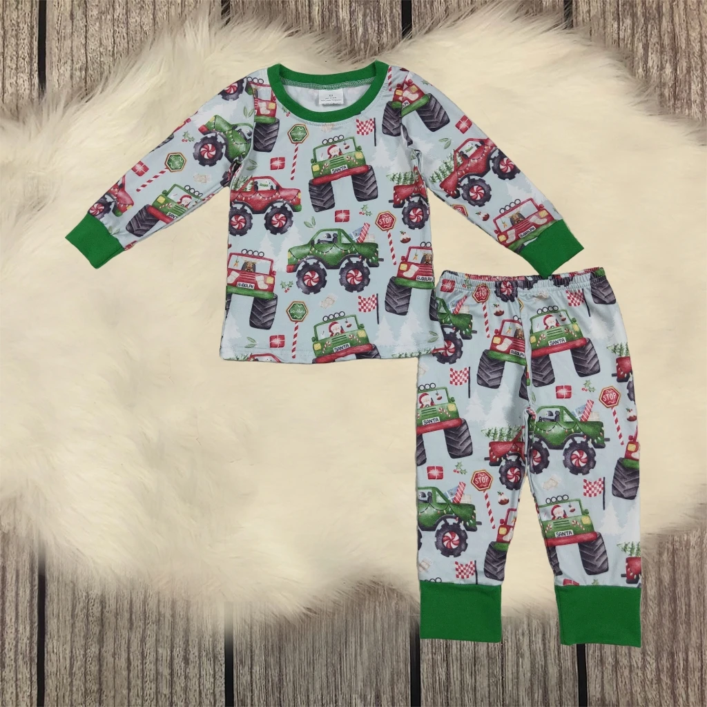 

Kids Children Christmas Pajamas Set Baby Boy Long Sleeves Trucks Shirt Toddler Nightwear Pants Green Sleepwear Outfit Wholesale