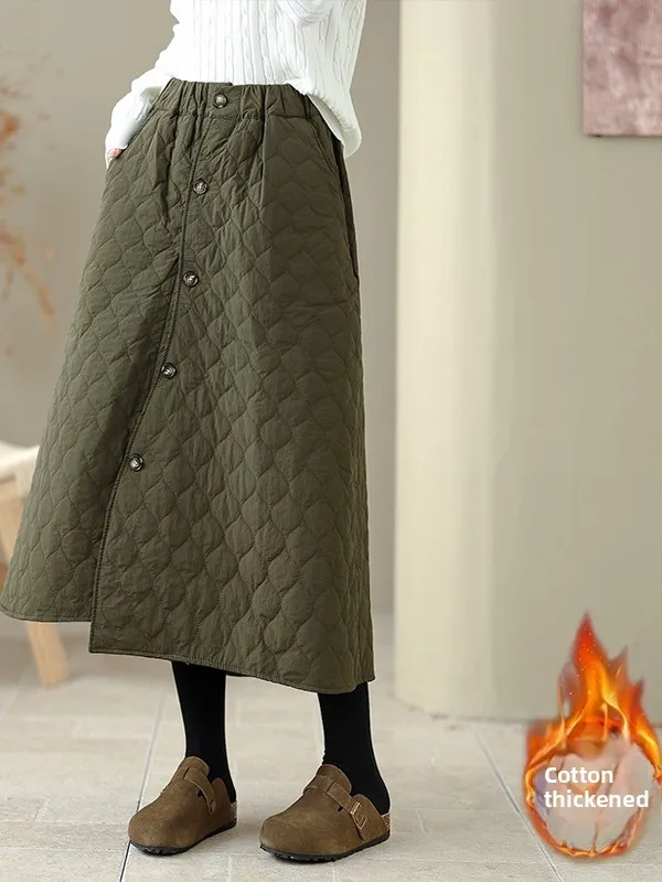 

Корейская стеганая хлопковая юбка миди А-силуэта с высокой талией, асимметричный дизайн, новинка зимы, удлиненная юбка