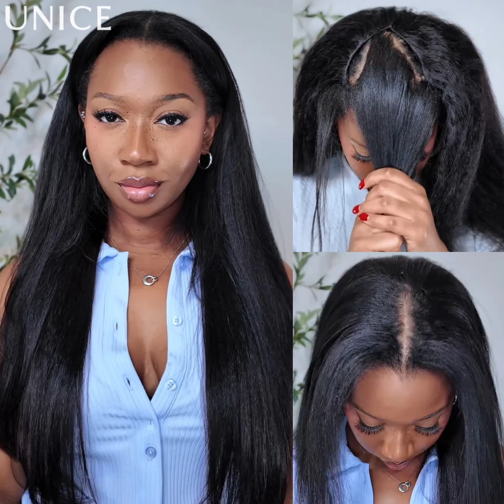 UNice InvisiBlend™ Kinky Straight V Part Wig With Drawstring Natural Black 100% Human Hair Wigs No Glue Fit For All Head Sizes