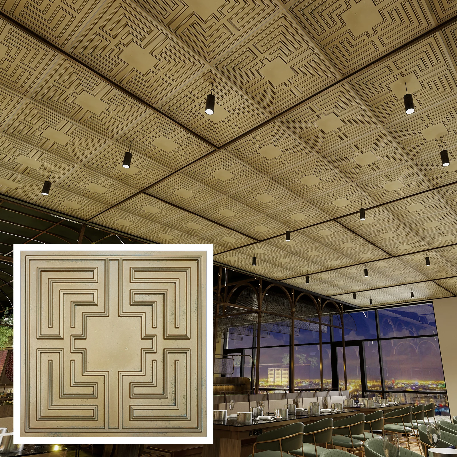 Vinyl ceiling Tiles, interior decorative panel, for Barber house PL25 Brass verdigris 10pcs