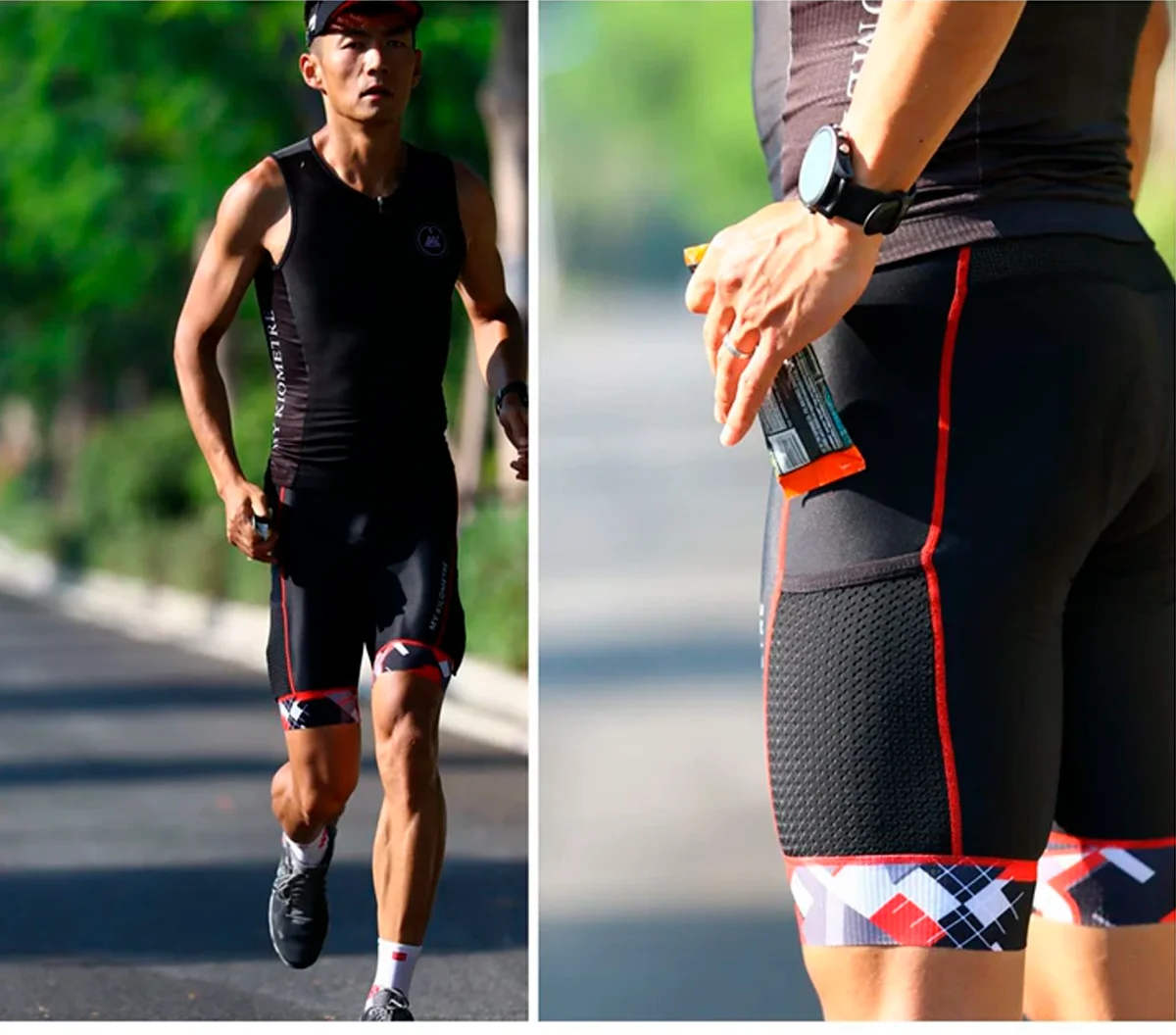 Men's Tri Shorts Quick Dry Compression Triathlon Cycling Shorts with Pad Side Pockets Swim Bike Run MY KILOMETRE