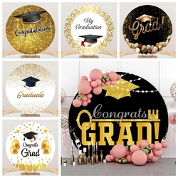 Happy Graduation Round Backdrop Cover Class of 2026 Gold Black Glitter Graduation Hat Congrats Grad Prom Ball Party Photos Props