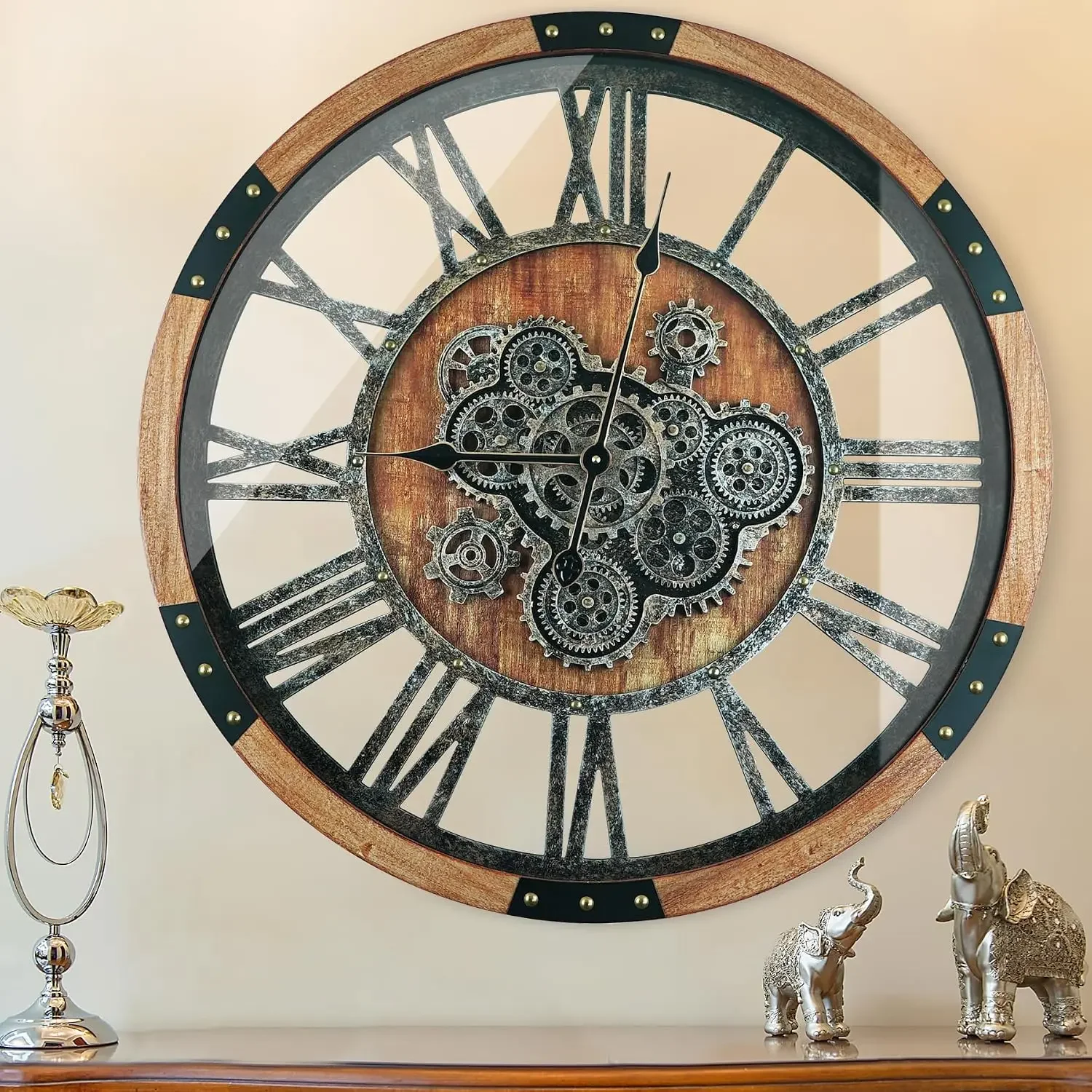 27 Inch Moving Gear Wall Clock, Oversized Wall Clocks, Clock Living Room Decor, Solid Wood Frame, Battery Operated, Large Wall C
