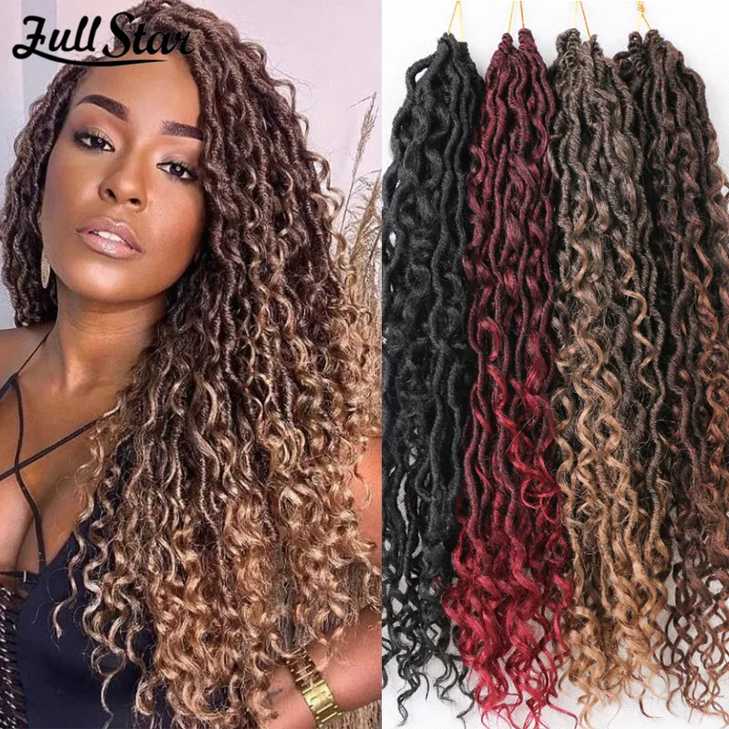 

Full Star Goddess Locs Вязаные крючком косы для волос Натуральные синтетические плетения для наращивания волос Ombre River Faux Locs с вьющимися волосами