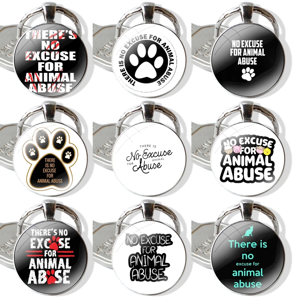 There Is No Excuse For Animal Abuse Keychain Handmade Glass Cabochon Key Ring Holder Pendant Key Chains