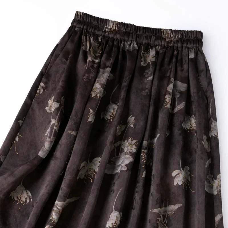 Birdtree, 100% Real Silk Jacquard Satin Skirt, Elastic Waist, Breathable, Women Floral Luo Xiangyunsha Skirts, 2026 New D67109JF