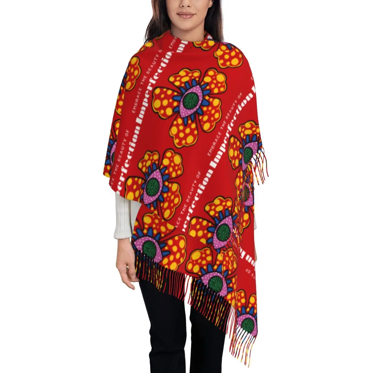 Yayoi Kusama Flower Shawls Wraps for Women Winter Single-sided Pattern Scarf Pashminas Tassel Scarves