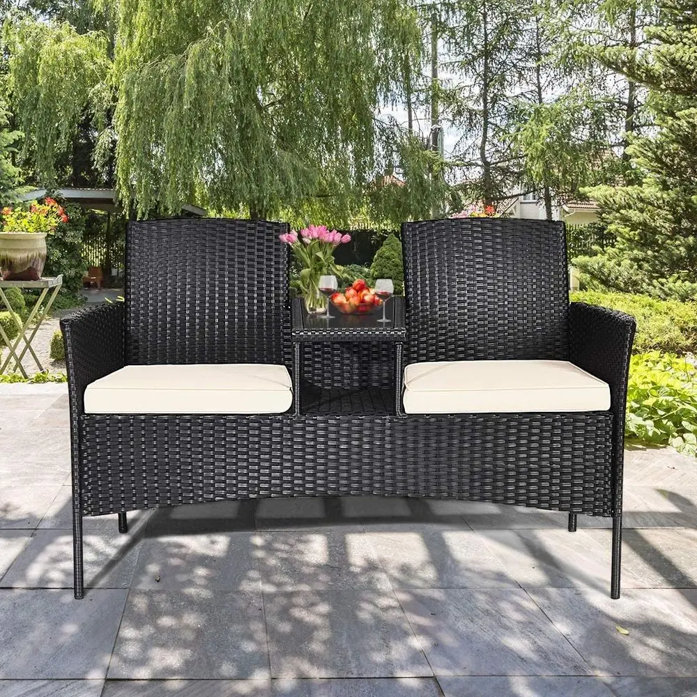 

Rattan Wicker Loveseat with Coffee Table Outdoor Patio Loveseat Conversation Sofa Furniture with Cushions for Garden Lawn Backy