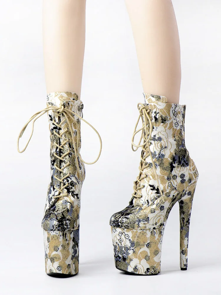 

20cm New Style Flower Platform Boots Stripper Heels Nightclub Models 8Inches Pole Dance Shoes Women Fashion Sexy Fetish Lace Up