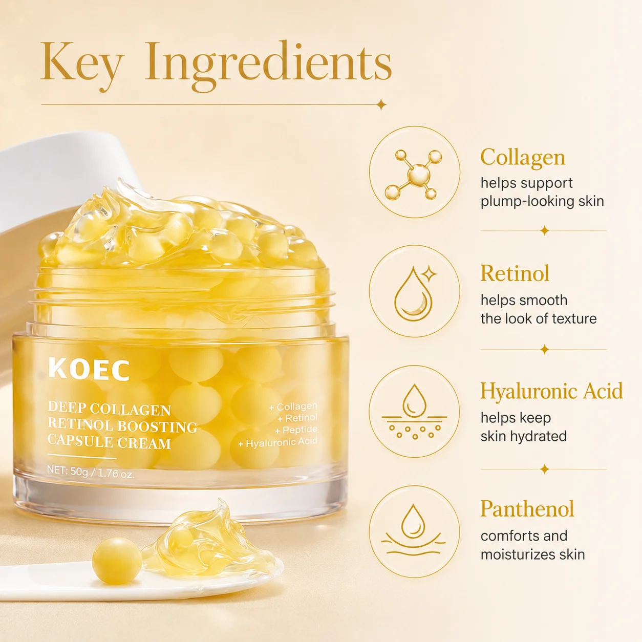 KOEC Deep Collagen Retinol Boosting Capsule Cream, Retinol Collagen Face Cream, with Hyaluronic Acid, Moisturizes to Make Smooth Skin, Noticeable & Skin Younger Looking, 50g/1.76oz