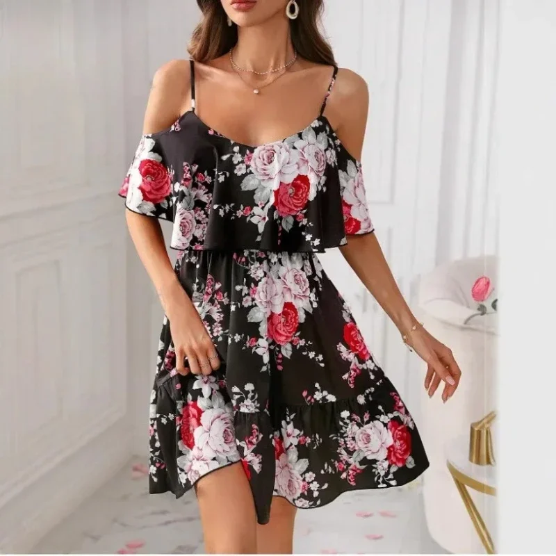 Women Bohemian Suspender Mini Dress Floral Printed Double Flounce Romantic Vacation Dress Off Shoulder Beachwear Skirt