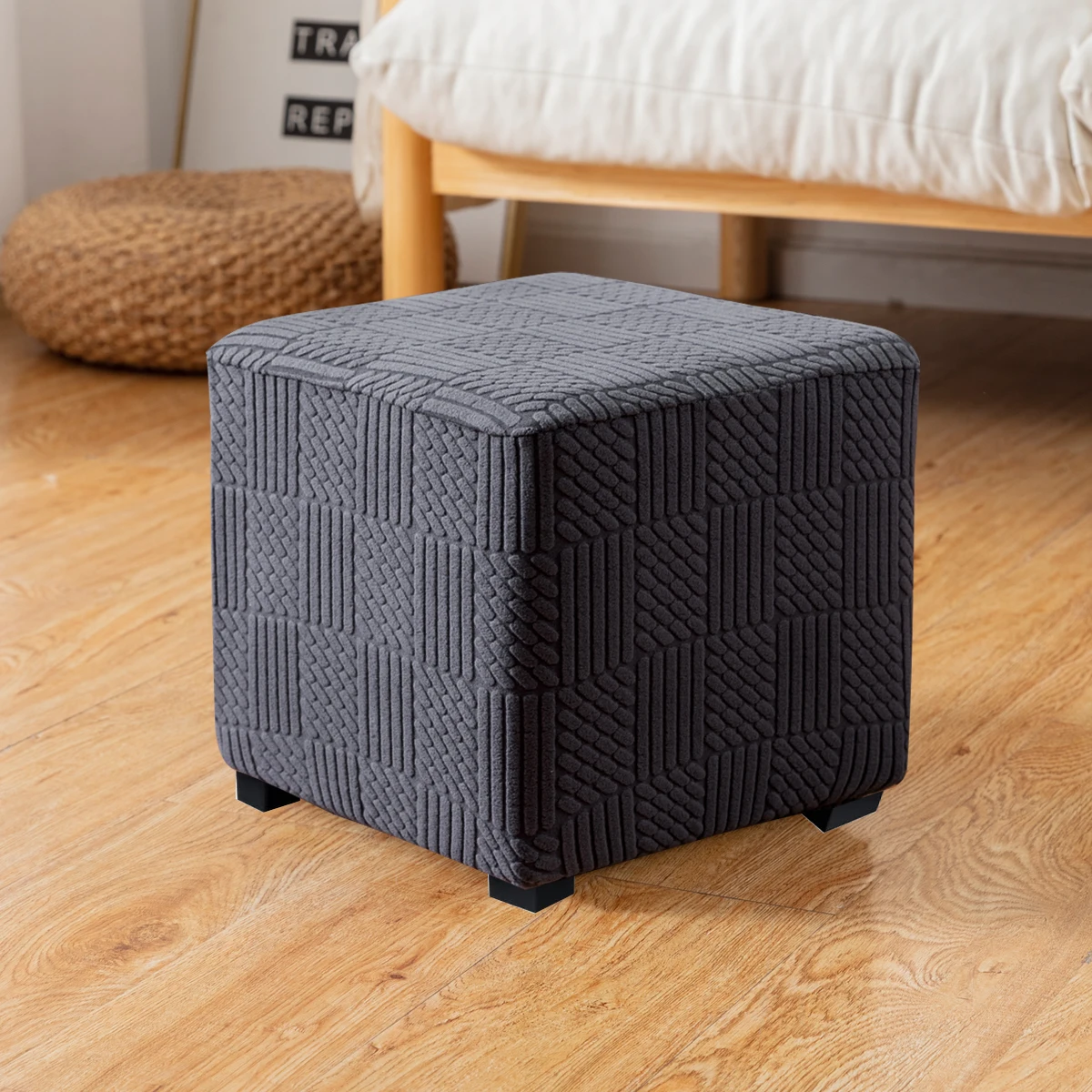 3 Sizes Square Jacquard Durable Customized Stretch Footrest Ottoman Cover Folding Storage Stool Furniture Protector Slipcover