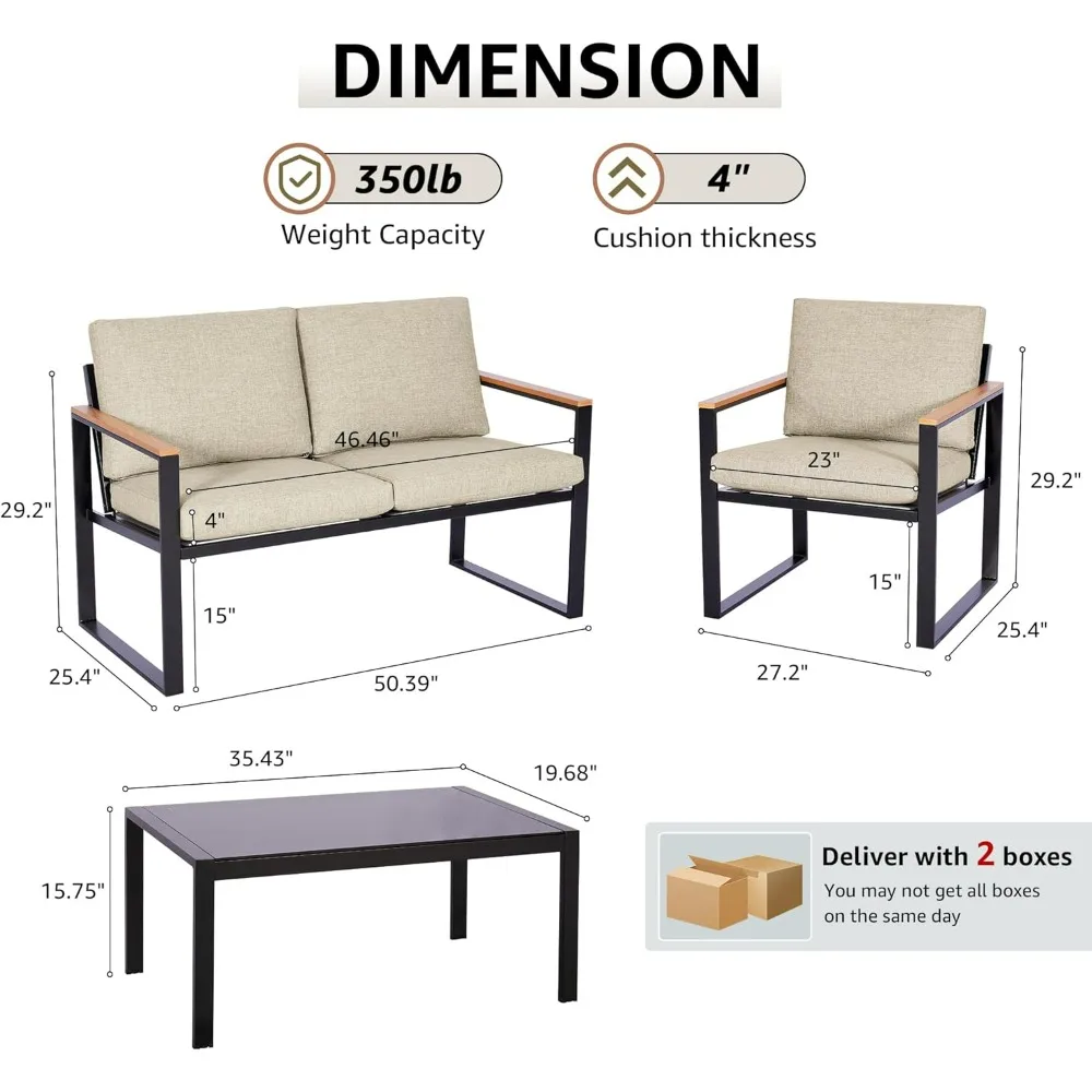 4 قطع مجموعات أثاث الفناء، مجموعات أثاث الفناء المعدنية في الهواء الطلق، مجموعة محادثة الفناء المقسمة في الهواء الطلق، ذراع خشبي مضاد للحرق #6