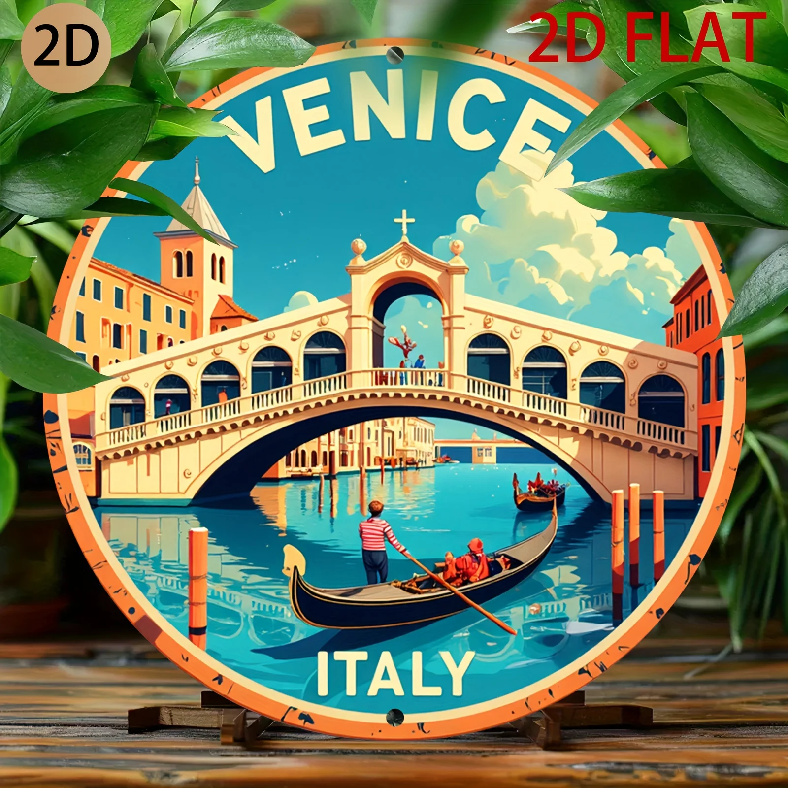 2D Flat, Vintage Italian Travel Poster Metal Wall Art - Venetian Bridge & Gondolas in Venice, Aluminum Retro Italian Landmark De