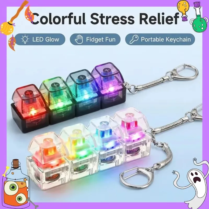 Mechanical Keyboard Keychain with LED Light, 4 Switches Click Sound Fidget Toy, Stress Relief Toy, Cool Gift for Gamers