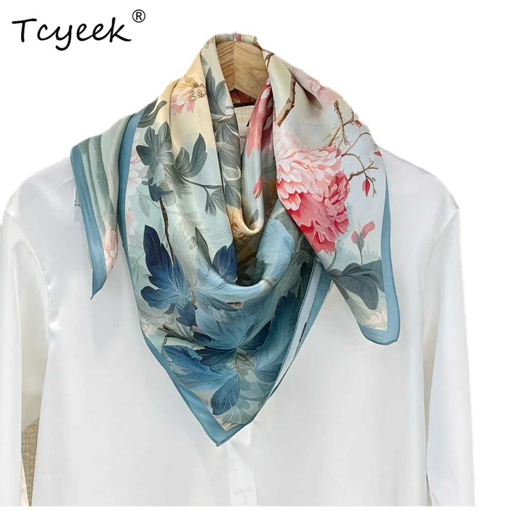Tcyeek, 100%Real Slik Elegant Kerchief, 88cm Chinese Printed, Mom Gift Commute Retro Chic Scarf, 2024 Summer Autumn A465128QC