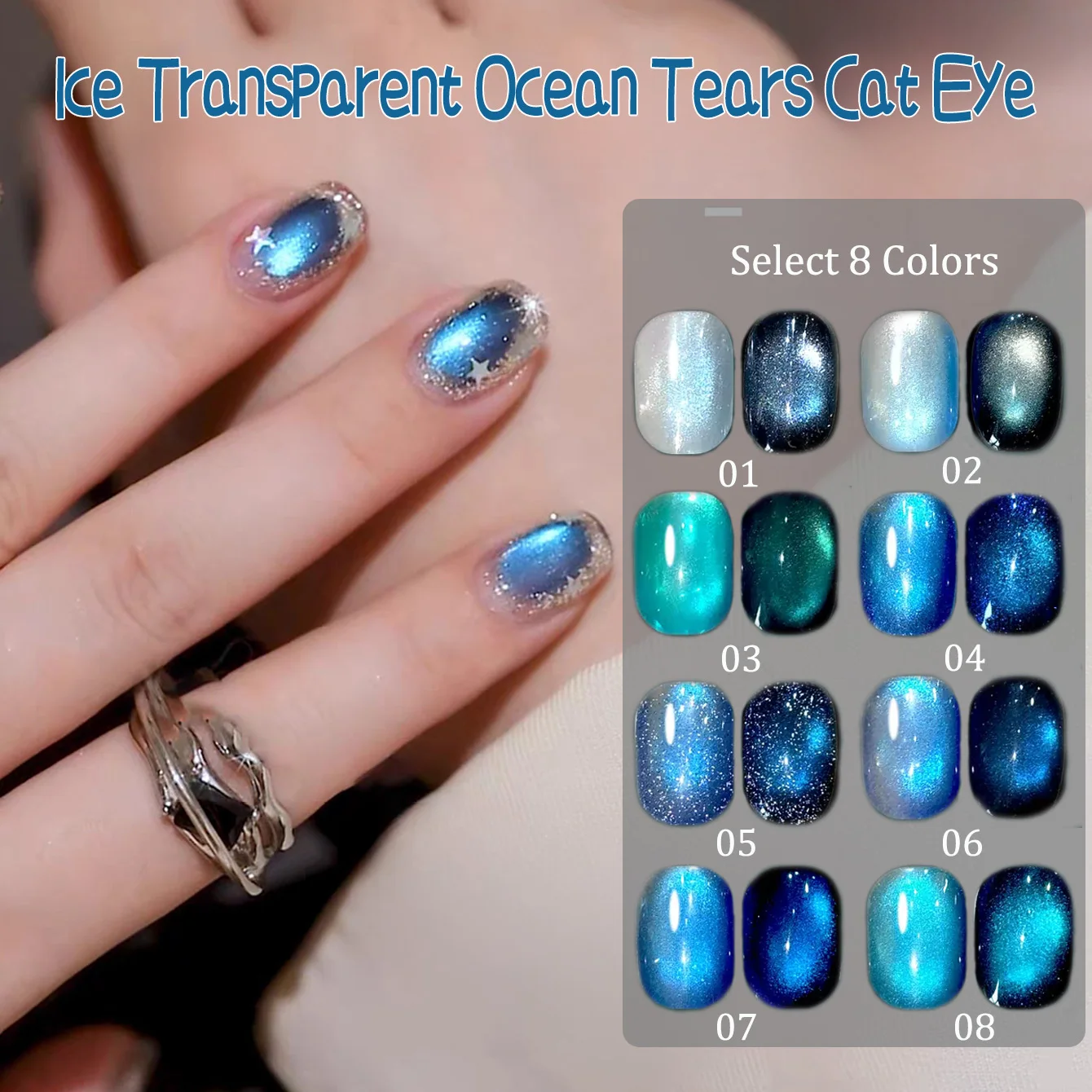 SHAKA 1-8pcs Summer Popular Ice Transparent Flash Whitening Blue Glass Beads Nail Art Bright Sairam Lake Cat Eye Gel Nail Polish