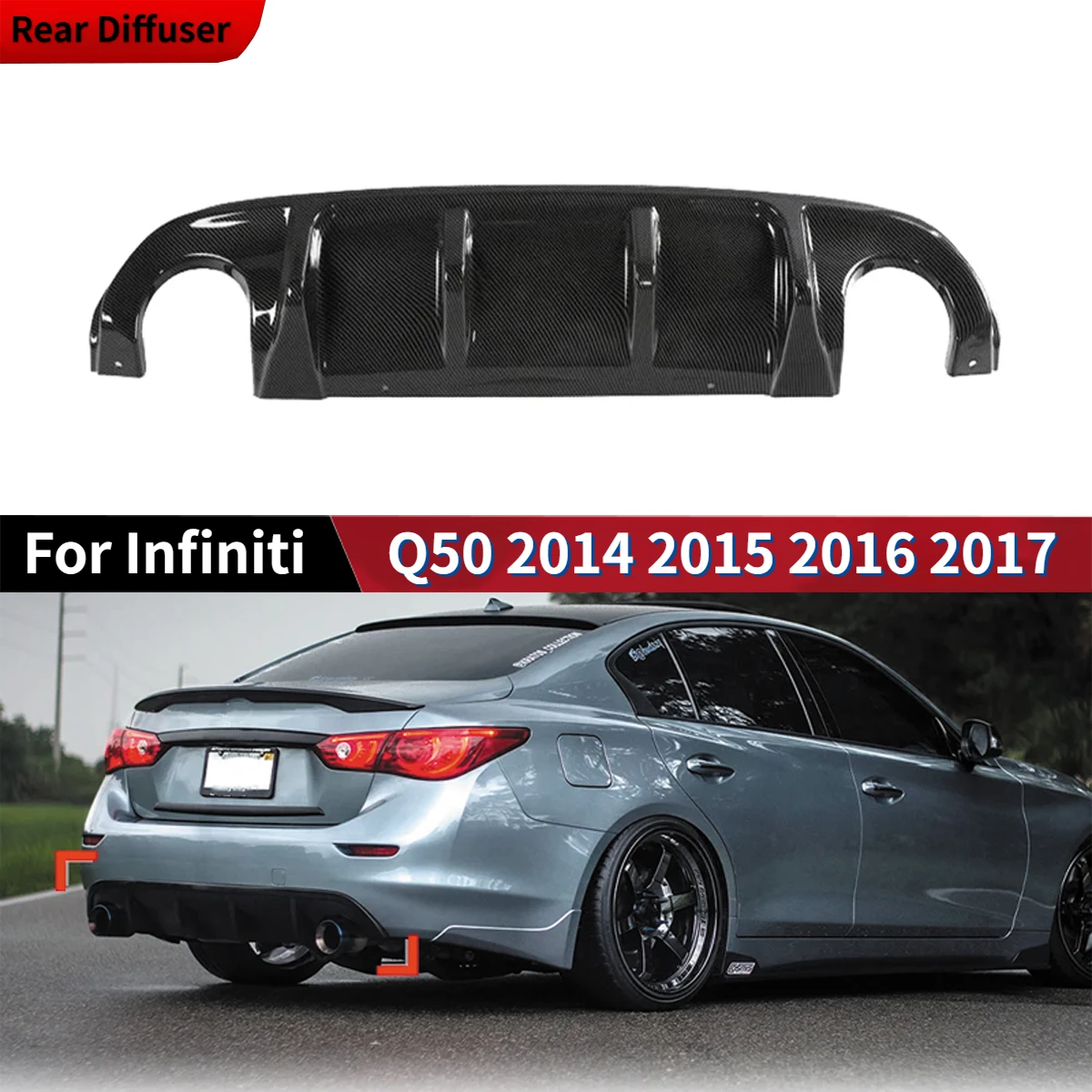 For Infiniti Q50 2014-2017 Rear Diffuser Bumper Lip Carbon Fiber Look / Black Boot Bracket Spoiler Guard Protector Cover Tuning