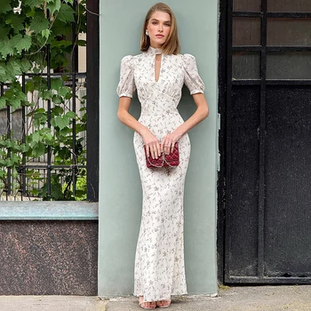 Linad Spring Elegant Print Long Dress Vintage High Waist Puff Sleeve Dresses Lady Casual…
