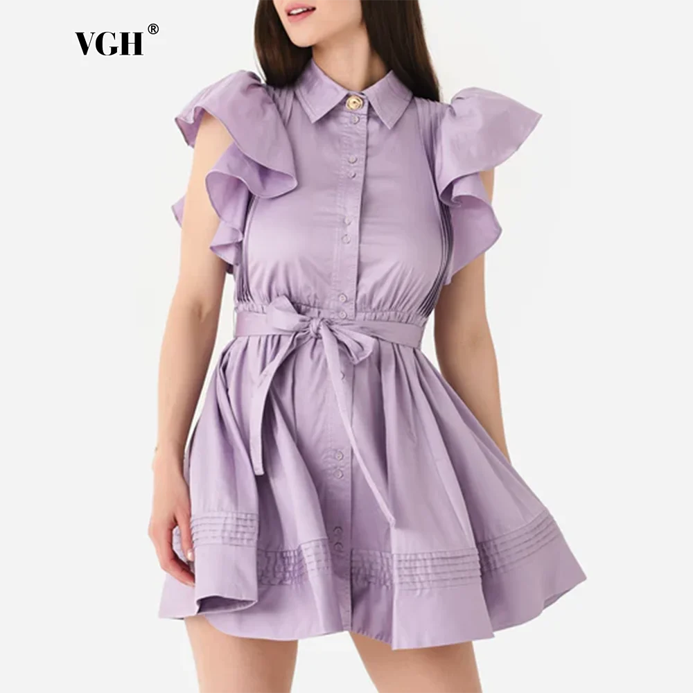 

VGH Solid Minimalist Ruffles Tunic Dress For Women Lapel Short Sleeve High Waist Spliced Lace Up Slimming Casual Dresses Female