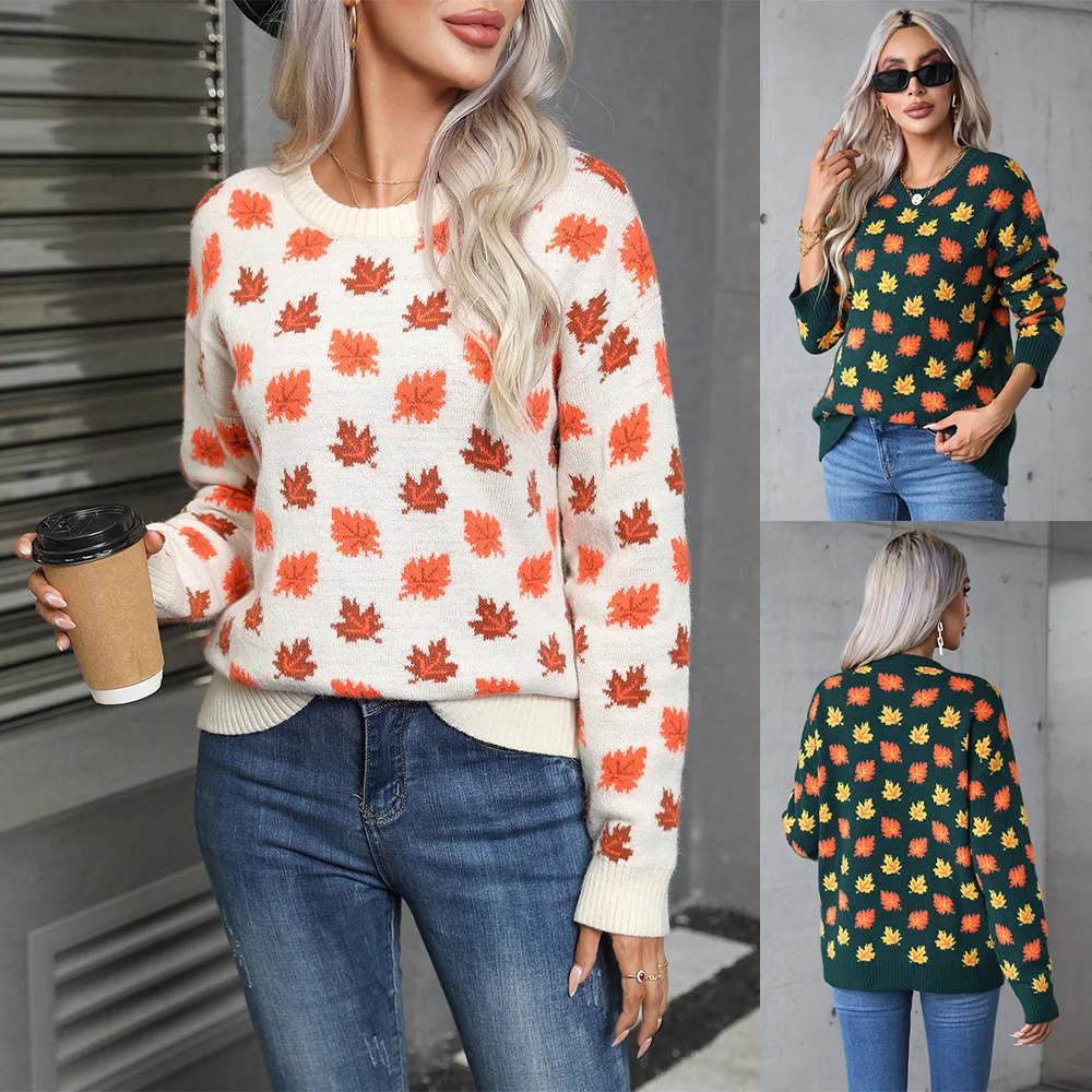 

Pullovers Women Tops Knitted Sweaters Print Round Neck Full Sleeve Knit Jumpers Casual Regular Elegant Splice Autumn Winter