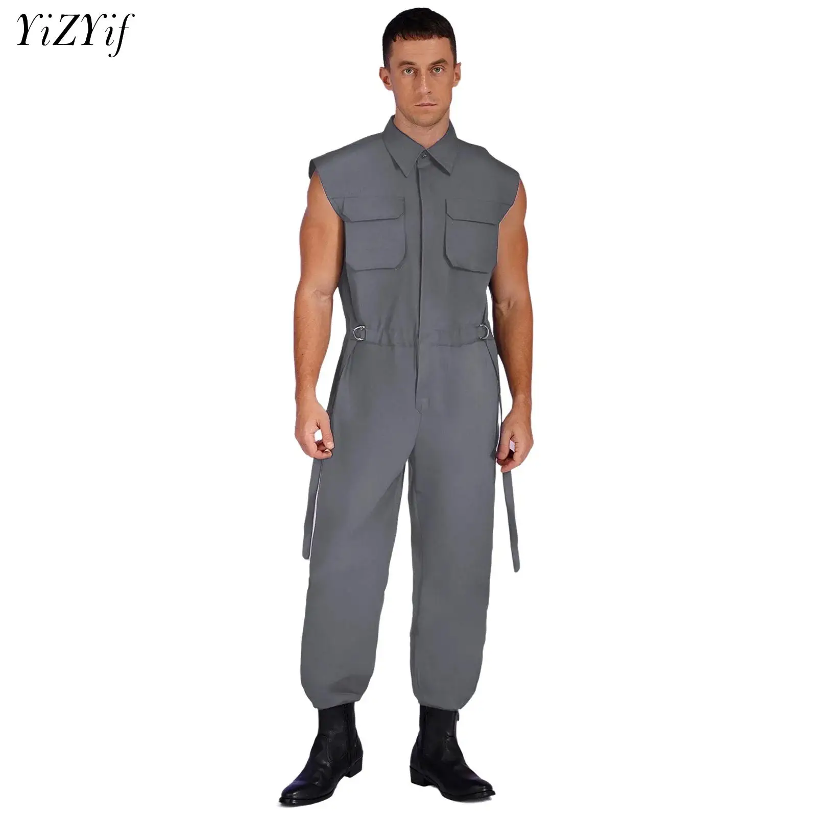

Mens Working Coverall Overalls Mechanic Industrial Workshop Uniform Sleeveless Multi-Pocket Bodysuit Outdoor Jumpsuit Workwear