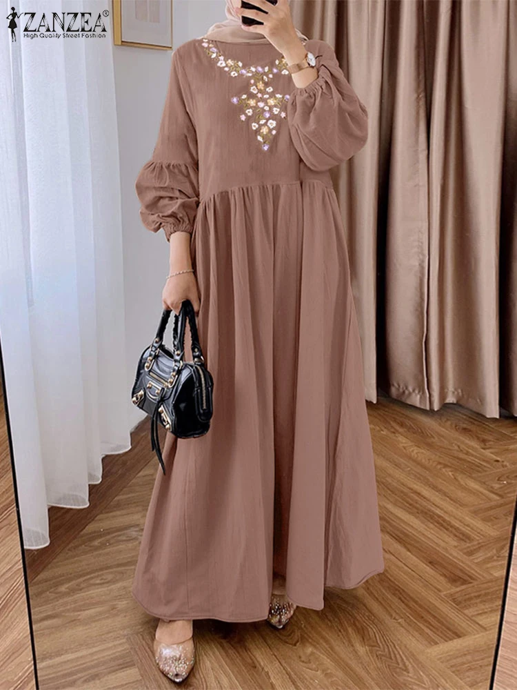 

2025 ZANZEA Women Elegant Long Sleeve Embroidery Sundress Fashion Muslim Dresses Abaya IsIamic Robe Ramadan Hijab Vestido Kaftan