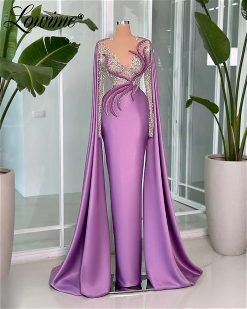 Lowime Purple Bespoke Occasion Dresses Satin Elegant Robe De Soirée 2024 Cape Sleeeve Beaded Prom Dresses Aso Ebi abiti da sera